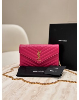 YSL YVES SAINT LAURENT GRAIN DE POUDRE MATELASSÉ CHEVRON MONOGRAM ENVELOPE WALLET ON CHAIN (WOC)