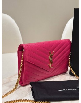 YSL YVES SAINT LAURENT GRAIN DE POUDRE MATELASSÉ CHEVRON MONOGRAM ENVELOPE WALLET ON CHAIN (WOC)
