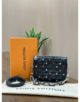 LOUIS VUITTON COUSSIN BB IN BLACK LAMBSKIN LEATHER WITH PUFFY EMBOSSED MONOGRAM & COLOURFUL RHINESTONES 