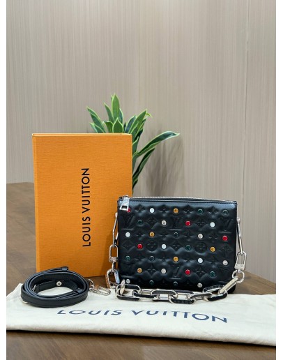 LOUIS VUITTON COUSSIN BB IN BLACK LAMBSKIN LEATHER WITH PUFFY EMBOSSED MONOGRAM & COLOURFUL RHINESTONES 