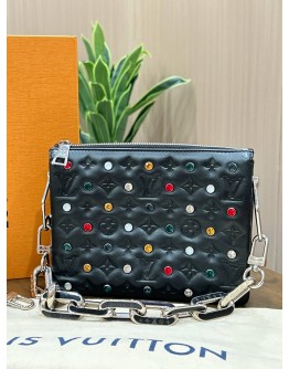 LOUIS VUITTON COUSSIN BB IN BLACK LAMBSKIN LEATHER WITH PUFFY EMBOSSED MONOGRAM & COLOURFUL RHINESTONES 