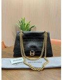 BALENCIAGA CRUSH SHOULDER CHAIN BAG WITH B LOGO PLAQUE IN BLACK EMBOSSED CROCODILE LEATHER & GOLD HARDWARE 