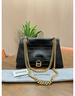 BALENCIAGA CRUSH SHOULDER CHAIN BAG WITH B LOGO PLAQUE IN BLACK EMBOSSED CROCODILE LEATHER & GOLD HARDWARE 