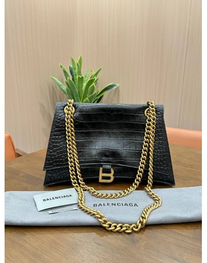 BALENCIAGA CRUSH SHOULDER CHAIN BAG WITH B LOGO PLAQUE IN BLACK EMBOSSED CROCODILE LEATHER & GOLD HARDWARE 