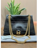 BALENCIAGA CRUSH SHOULDER CHAIN BAG WITH B LOGO PLAQUE IN BLACK EMBOSSED CROCODILE LEATHER & GOLD HARDWARE 