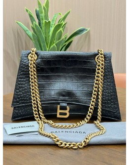 BALENCIAGA CRUSH SHOULDER CHAIN BAG WITH B LOGO PLAQUE IN BLACK EMBOSSED CROCODILE LEATHER & GOLD HARDWARE 