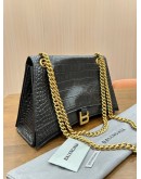 BALENCIAGA CRUSH SHOULDER CHAIN BAG WITH B LOGO PLAQUE IN BLACK EMBOSSED CROCODILE LEATHER & GOLD HARDWARE 