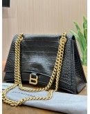 BALENCIAGA CRUSH SHOULDER CHAIN BAG WITH B LOGO PLAQUE IN BLACK EMBOSSED CROCODILE LEATHER & GOLD HARDWARE 