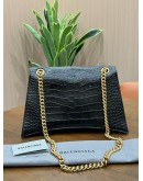 BALENCIAGA CRUSH SHOULDER CHAIN BAG WITH B LOGO PLAQUE IN BLACK EMBOSSED CROCODILE LEATHER & GOLD HARDWARE 