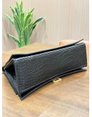 BALENCIAGA CRUSH SHOULDER CHAIN BAG WITH B LOGO PLAQUE IN BLACK EMBOSSED CROCODILE LEATHER & GOLD HARDWARE 