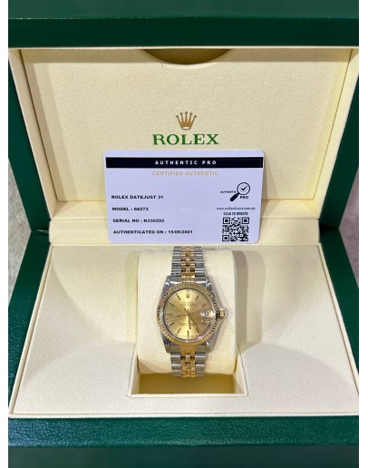 ROLEX DATEJUST 31 HALF 18K 750 YELLOW GOLD JUBILEE REF 68273 GOLD CHAMPAGNE DIAL 31MM AUTOMATIC WATCH 
