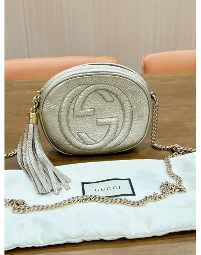 Gucci Soho Disco Chain Bag In Metallic Gold Pebbled Leather With Prominent GG Embossed Logo     