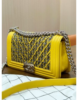 CHANEL MEDIUM LE-BOY BAG IN TWEED YELLOW LAMBSKIN LEATHER