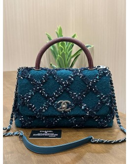 CHANEL COCO IN TWEED & MAROON LIZARD TOP HANDLE BAG