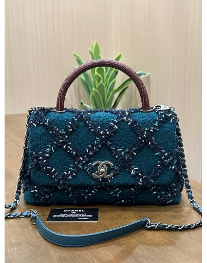 CHANEL COCO IN TWEED & MAROON LIZARD TOP HANDLE BAG