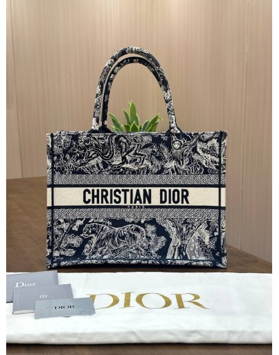 CHRISTIAN DIOR MEDIUM BOOK TOTE BAG IN BLUE & ECRU TOILE DE JOUY REVERSE EMBROIDERY 