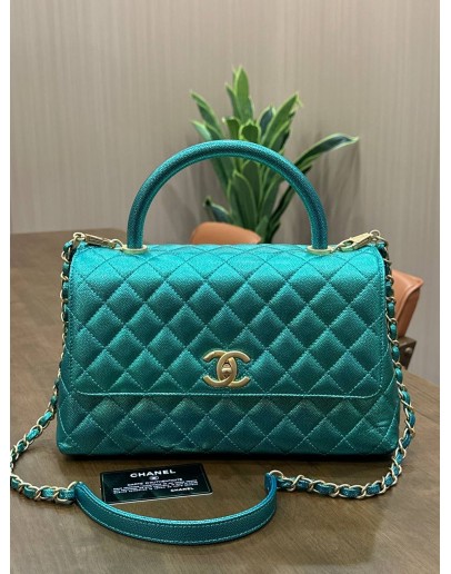 CHANEL COCO TOP HANDLE BAG IN METALLIC GREEN CAVIAR LEATHER WITH GOLD HARDWARE 