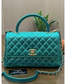CHANEL COCO TOP HANDLE BAG IN METALLIC GREEN CAVIAR LEATHER WITH GOLD HARDWARE 