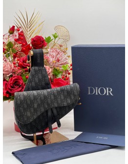 CHRISTIAN DIOR BLACK OBLIQUE JACQUARD SADDLE BAG -FULL SET-