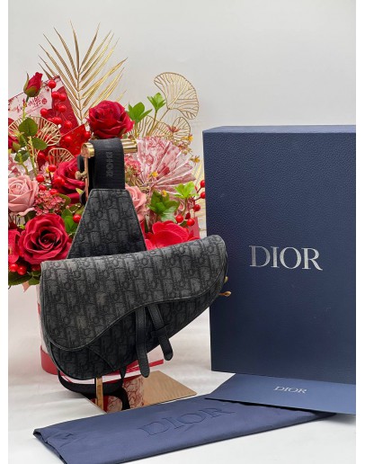 CHRISTIAN DIOR BLACK OBLIQUE JACQUARD SADDLE BAG -FULL SET-