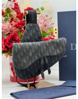 CHRISTIAN DIOR BLACK OBLIQUE JACQUARD SADDLE BAG -FULL SET-