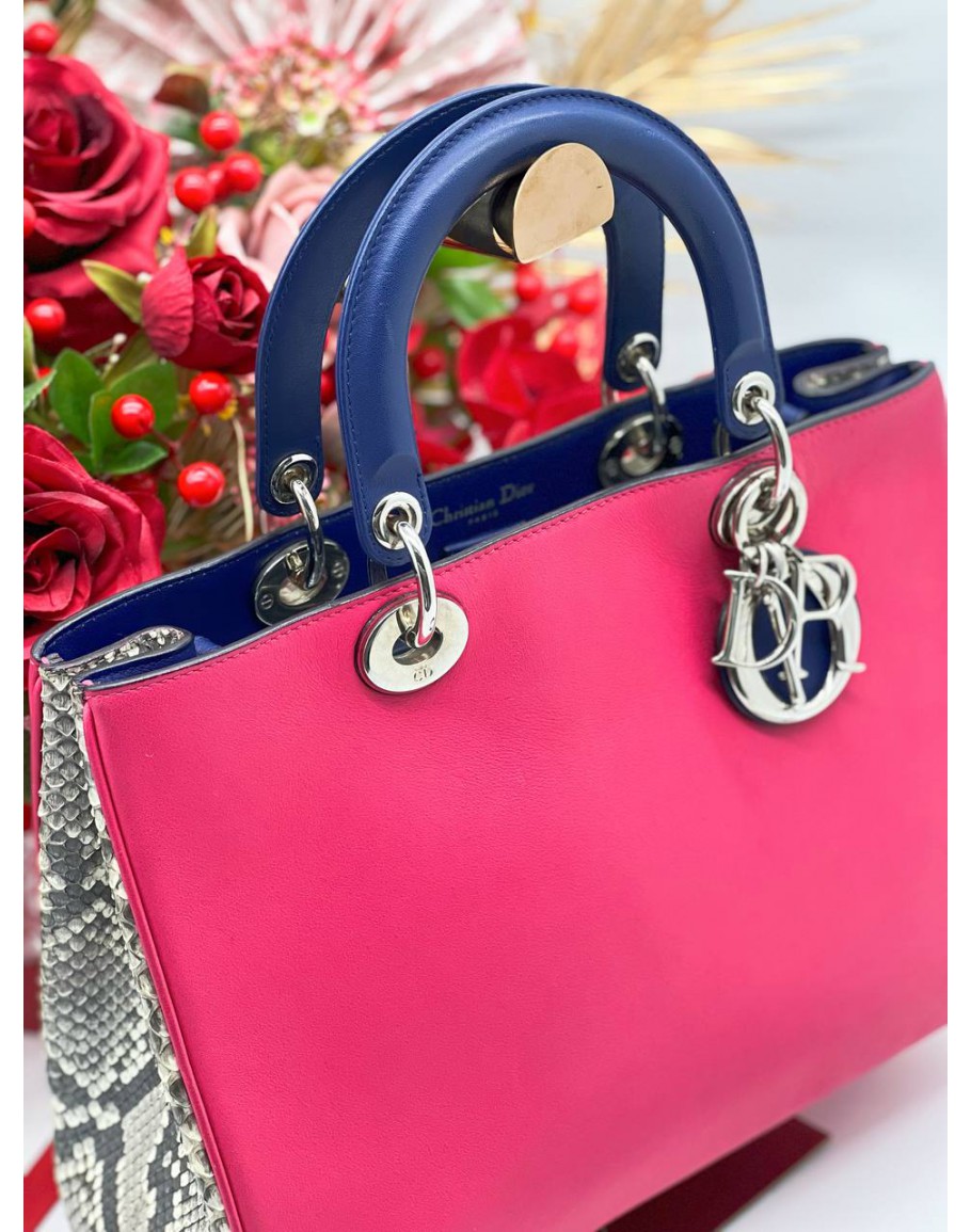 Dior Pink/Blue Leather and Python Large Diorissimo Shopper Tote