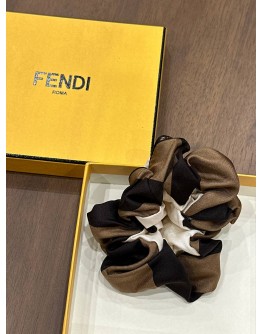 FENDI SILK SCRUNCHIES IN BROWN & WHITE CLASSIC PEQUIN STRIPED PATTERN