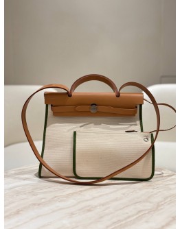 HERMÈS HERBAG ZIP 31 (PM SIZE) IN CANVAS WITH BROWN CALFSKIN LEATHER