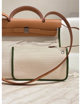 HERMÈS HERBAG ZIP 31 (PM SIZE) IN CANVAS WITH BROWN CALFSKIN LEATHER