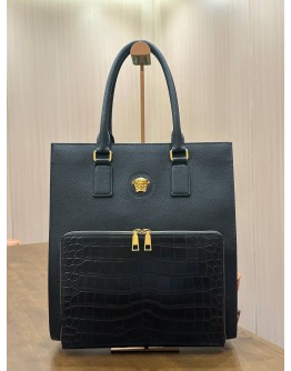 VERSACE MEDUSA TOTE BAG IN BLACK GRAINED CALF LEATHER WITH EMBOSSED CROCO LEATHER 