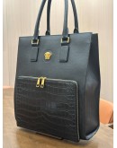 VERSACE MEDUSA TOTE BAG IN BLACK GRAINED CALF LEATHER WITH EMBOSSED CROCO LEATHER 