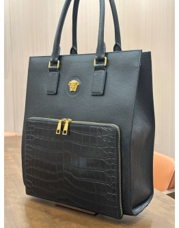 VERSACE MEDUSA TOTE BAG IN BLACK GRAINED CALF LEATHER WITH EMBOSSED CROCO LEATHER 