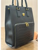 VERSACE MEDUSA TOTE BAG IN BLACK GRAINED CALF LEATHER WITH EMBOSSED CROCO LEATHER 