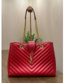 YSL YVES SAINT LAURENT MONOGRAM TOTE BAG IN RED GRAINED LEATHER WITH GOLD CHAIN HARDWARES 