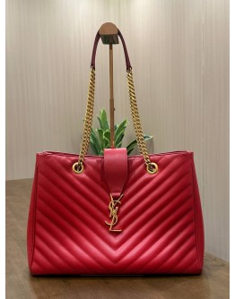 YSL YVES SAINT LAURENT MONOGRAM TOTE BAG IN RED GRAINED LEATHER WITH GOLD CHAIN HARDWARES 