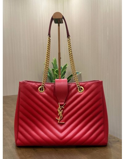 YSL YVES SAINT LAURENT MONOGRAM TOTE BAG IN RED GRAINED LEATHER WITH GOLD CHAIN HARDWARES 