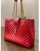 YSL YVES SAINT LAURENT MONOGRAM TOTE BAG IN RED GRAINED LEATHER WITH GOLD CHAIN HARDWARES 