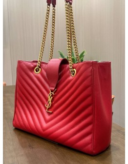 YSL YVES SAINT LAURENT MONOGRAM TOTE BAG IN RED GRAINED LEATHER WITH GOLD CHAIN HARDWARES 