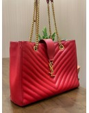 YSL YVES SAINT LAURENT MONOGRAM TOTE BAG IN RED GRAINED LEATHER WITH GOLD CHAIN HARDWARES 