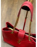 YSL YVES SAINT LAURENT MONOGRAM TOTE BAG IN RED GRAINED LEATHER WITH GOLD CHAIN HARDWARES 