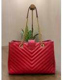 YSL YVES SAINT LAURENT MONOGRAM TOTE BAG IN RED GRAINED LEATHER WITH GOLD CHAIN HARDWARES 