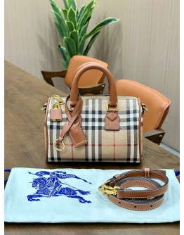 BURBERRY PERSONALISE MINI CHECK BOWLING BAG IN ARCHIVE BEIGE / BRIAR BROWN 