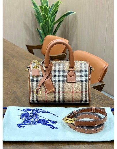 BURBERRY PERSONALISE MINI CHECK BOWLING BAG IN ARCHIVE BEIGE / BRIAR BROWN 