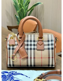 BURBERRY PERSONALISE MINI CHECK BOWLING BAG IN ARCHIVE BEIGE / BRIAR BROWN 