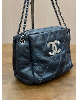 CHANEL DIAMOND STITCH CC ACCORDION BAG IN DARK BLUE BLACK & SILVER HARDWARE 