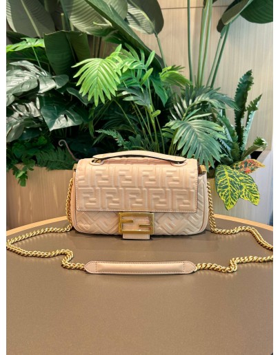 FENDI PINK FF EMBOSSED LEATHER MIDI BAGUETTE CHAIN CROSSBODY BAG