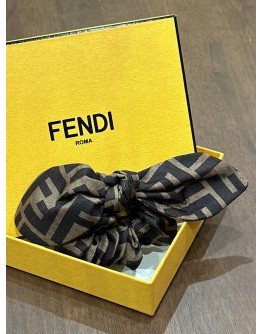 FENDI FF LOGO PRINT SILK BOW SCRUNCHIES IN ICONIC BLACK & BROWN ZUCCA PATTERN MOTIF