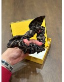 FENDI FF LOGO PRINT SILK BOW SCRUNCHIES IN ICONIC BLACK & BROWN ZUCCA PATTERN MOTIF