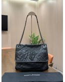 YSL YVES SAINT LAURENT NIKI SHOULDER BAG IN FULL BLACK VINTAGE CRINKLE LEATHER CHEVRON QUILTING 