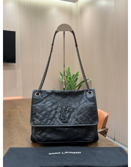 YSL YVES SAINT LAURENT NIKI SHOULDER BAG IN FULL BLACK VINTAGE CRINKLE LEATHER CHEVRON QUILTING 